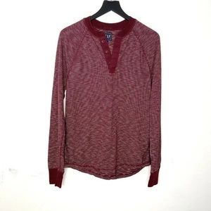 GAP Burgundy Striped Long Sleeve Raglan Henley Shirt Men's Medium Cotton